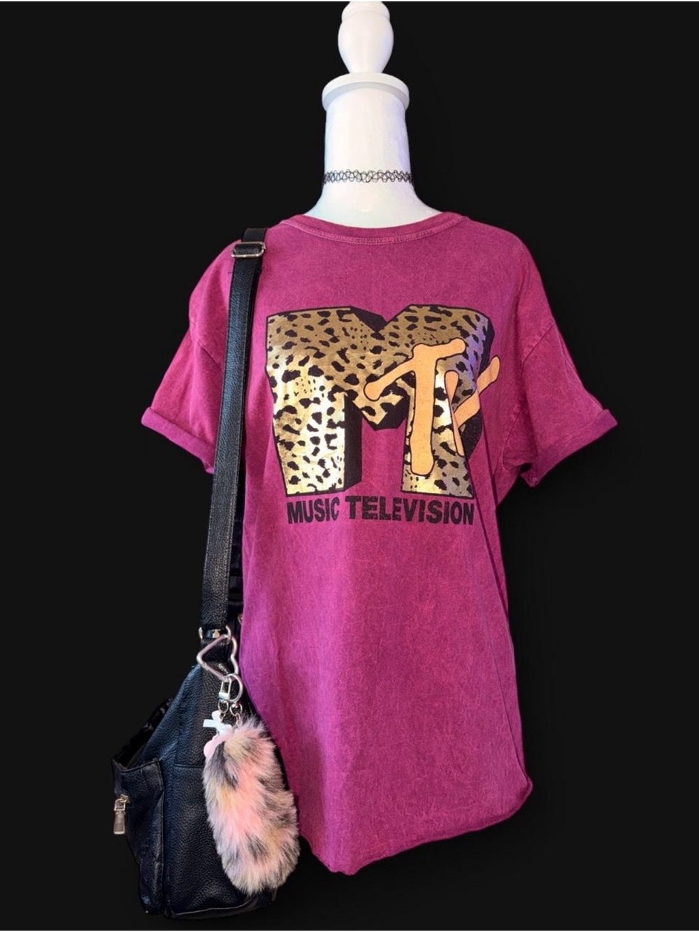 Y2K MTV Leopard Print Graphic Tee Pink Mineral Wash Raw Hem Grunge